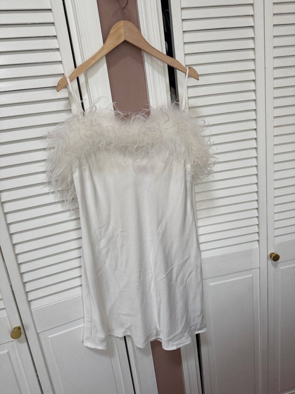 Anthropologie White Feather-Trim Satin Chemise